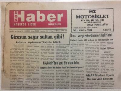 Giresun Son Haber Gazetesi 5 Nisan 1993 - Giresun Sağır Sultan Gibi GZ38455 - 1