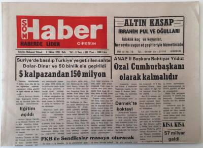 Giresun Son Haber Gazetesi 6 Ekim 1992 - FKB İle Sendikalar Masaya Oturacak ,Özal Cumhurbaşkanı Olarak Kalmalıdır GZ18330 - 1