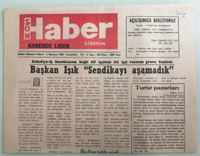 Giresun Son Haber Gazetesi 6 Haziran 1992 Çevre İçin Kentlerde Kurşunsuz Çevre Projesi -GZ33341 - 1