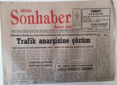 Giresun Son Haber Gazetesi 8 Aralık 1993 - Belediye Başkanı Işık Sahil Yolunun Çift Şerit Yapılması İçin Çalışyor GZ18211 - 1