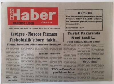 Giresun Son Haber Gazetesi 8 Ocak 1992 - İsviçre - Nascor Firması Fiskobirlike Borç Taktı ,Turist Pazarında Noel Tatili GZ18277 - 1