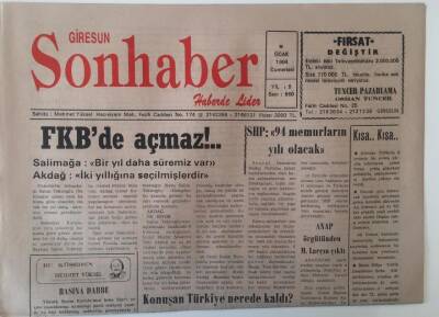 Giresun Son Haber Gazetesi 8 Ocak 1994 - Basına Darbe Yazısı , FKBde Açmaz , Fındık İhracatı 105 Bin Ton GZ18269 - 1