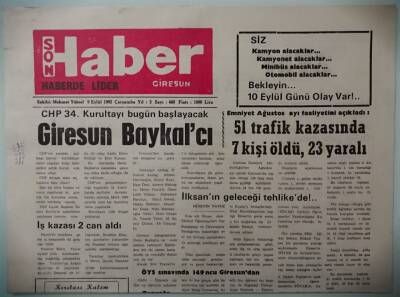 Giresun Son Haber Gazetesi 9 Eylül 1992 CHP 34.Kurultayı Bugün Başlayacak Giresun Baykalcı -GZ37478 - 1