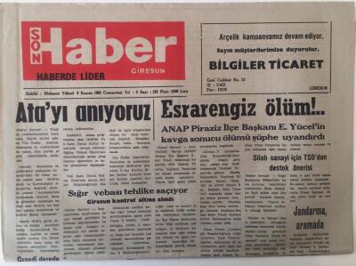 Giresun Son Haber Gazetesi 9 Kasım 1991 - Sığır Vebası Tehlike Saçıyor , Atayı Anıyoruz GZ18231 - 1