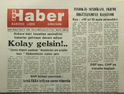 Giresun Son Haber Gazetesi 9 Kasım 1992 -SHP Bülteni YayınladıArtık FKB 6 Trilyon Zarar Etmesin - GZ14056 - 1