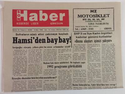 Giresun Son Haber Gazetesi 9 Mart 1993 - Sofraların Süsü Elini Çekmeye Başladı Hamsiden Bay Bay GZ18364 - 1