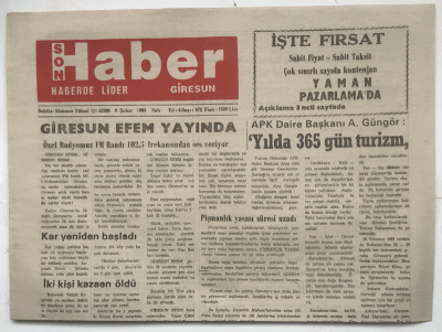 Giresun Son Haber Gazetesi 9 Şubat 1993 - Giresun FEM Yayında GZ3677 - 1