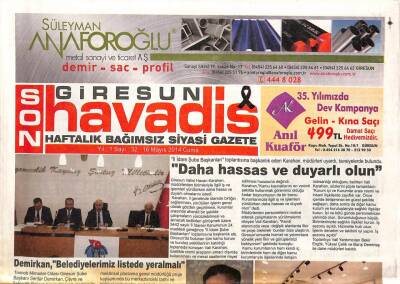 Giresun Son Havadis Gazetesi 16 Mayıs 2014 -Çakırmelikoğlu Yerel İşletmeler Desteklenmelidir - Duroğlunun Trafik Sorunu Çözülüyor GZ96096 - 1