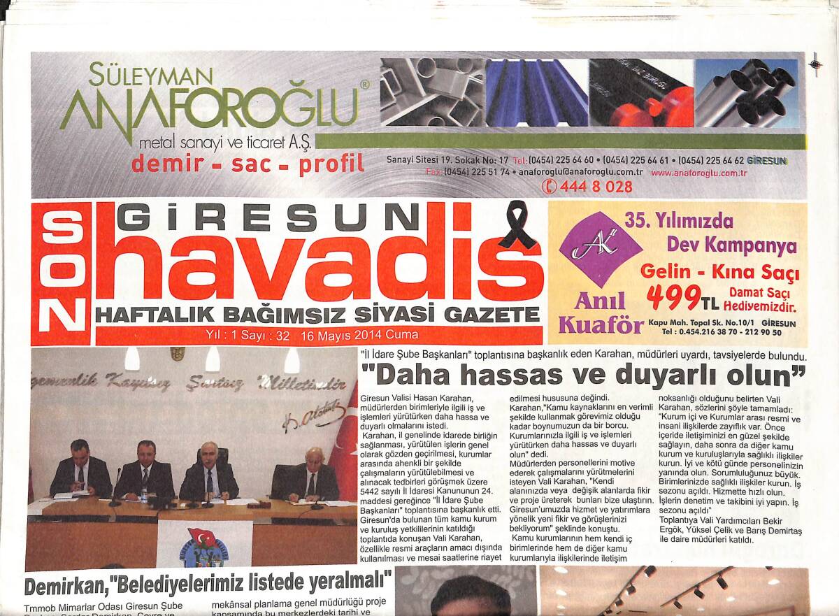 Giresun Son Havadis Gazetesi 16 Mayıs 2014 - Daha Hassas Ve Duyarlı Olun! - Hacı Hafız Mustafa Kurdoğlu Anıldı! GZ137818 - 1