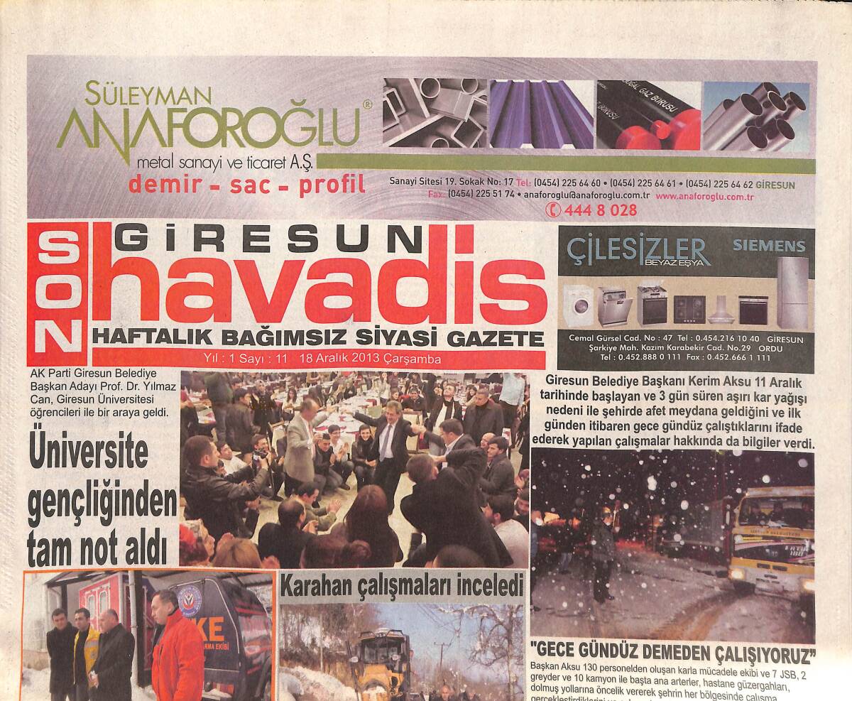 Giresun Son Havadis Gazetesi 18 Aralık 2013 - Yılmaz Can Üniversite Gençliğinden Tam Not Aldı! - Yeşil Giresun Belediye Evinde Nihayet Kazandı! GZ137812 - 1