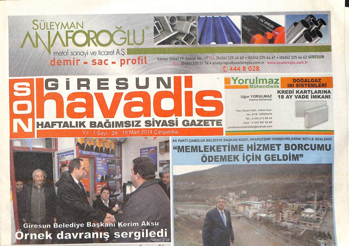 Giresun Son Havadis Gazetesi 19 Mart 2014 - Kerim Aksu Örnek Davranış Sergiledi! - İlçemiz Geri Kalmışlığı Haketmiyor! GZ137807 - 1