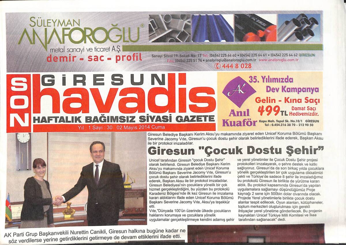 Giresun Son Havadis Gazetesi 2 Mayıs 2014 - Giresun Çocuk Dostu Şehir - Milli Eğitim'den Ekmek Kampanyası GZ137815 - 1