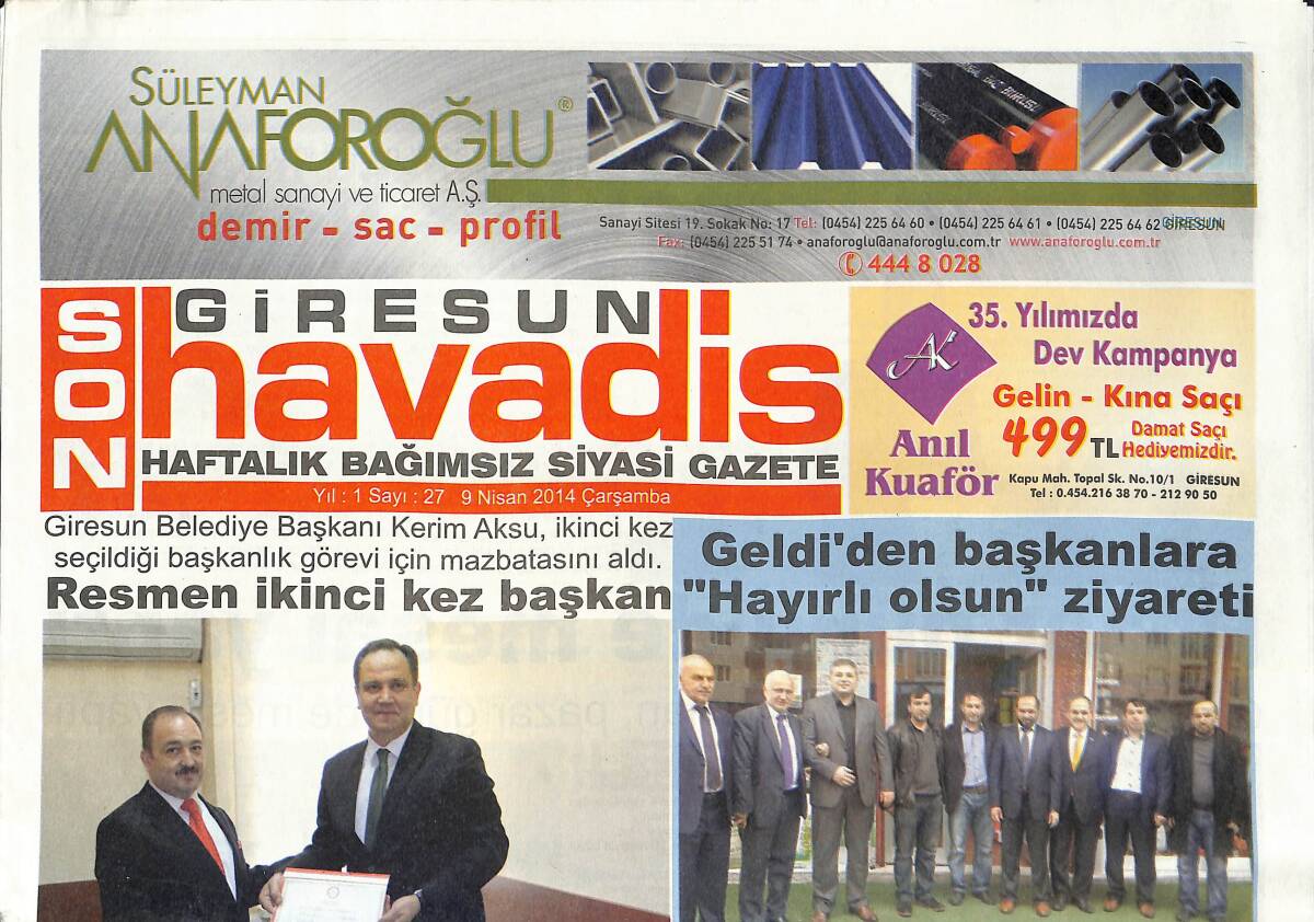 Giresun Son Havadis Gazetesi 9 Nisan 2014 - Mehmet Geldi'den Başkanlara Hayırlı Olsun Ziyareti - Heyelan Büyük Ölçüde Azaldı GZ137817 - 1
