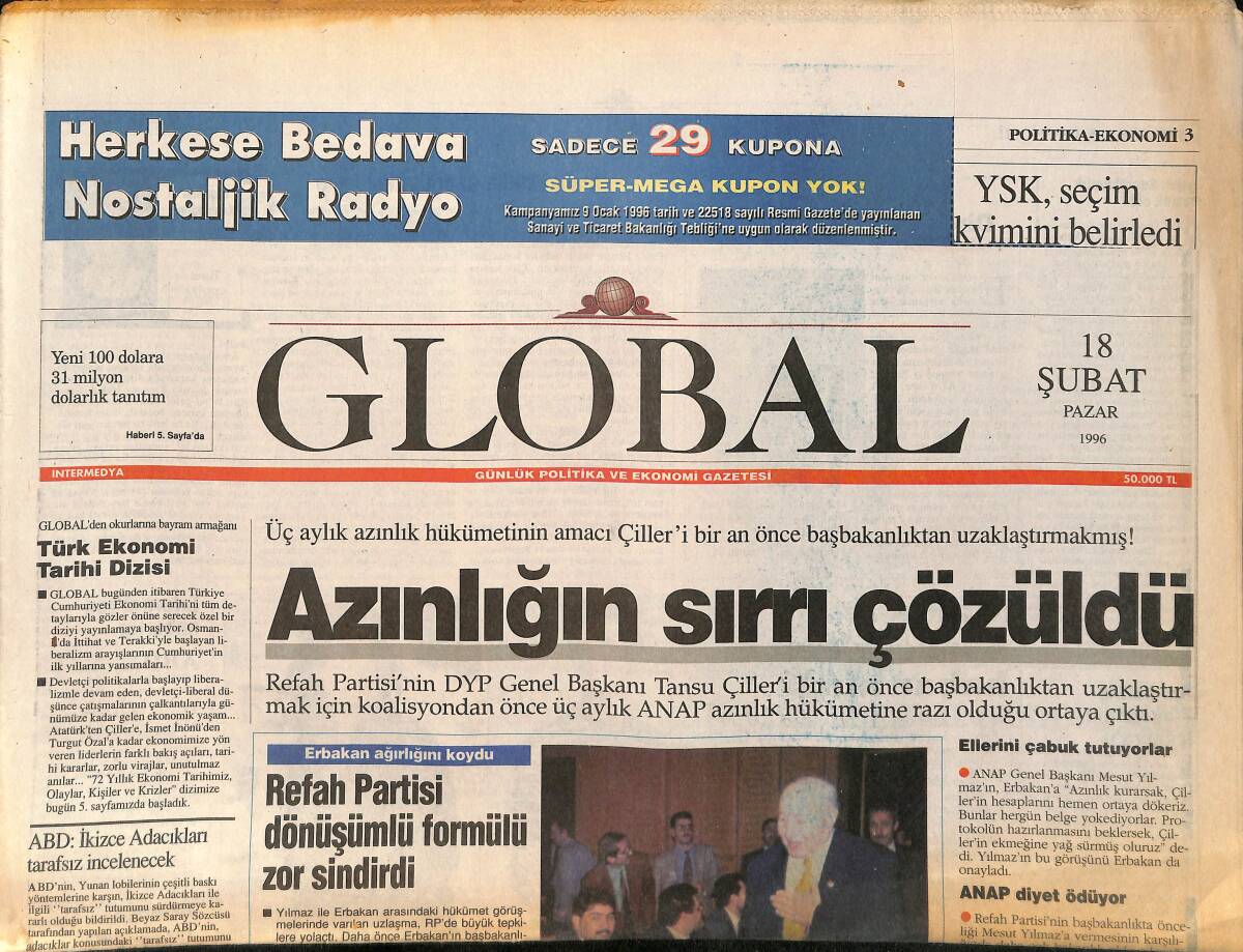 Global Gazetesi 18 Şubat 1996 - Ziraat Bankası Doğu'ya El Attı - Türk Ekonomi Tarihi Dizisi GZ155435 - 1