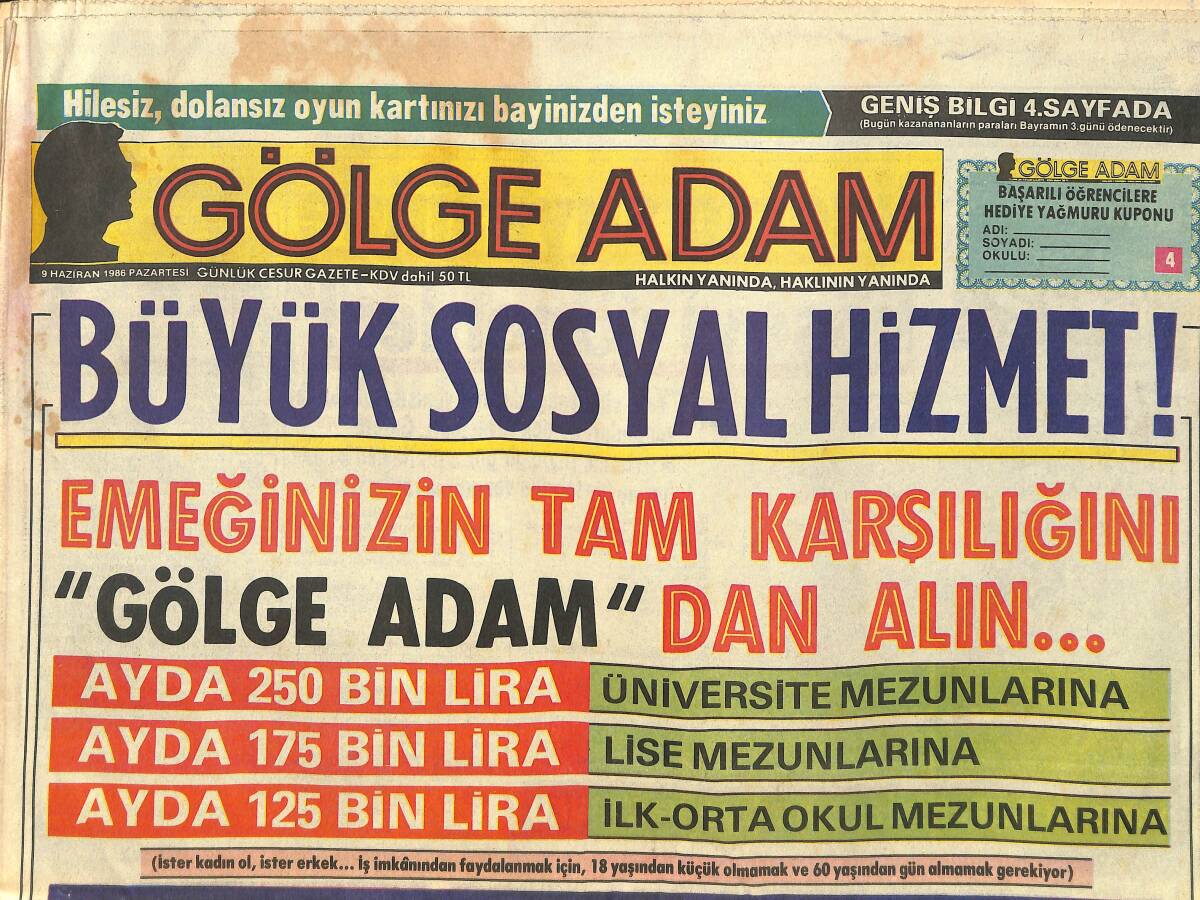 Gölge Adam Gazetesi 9 Haziran 1986 - İbrahim Tatlıses Kadınsız Kaldı - Zerrin Özer Bunalımın Eşiğinde Mi GZ3804 - 1