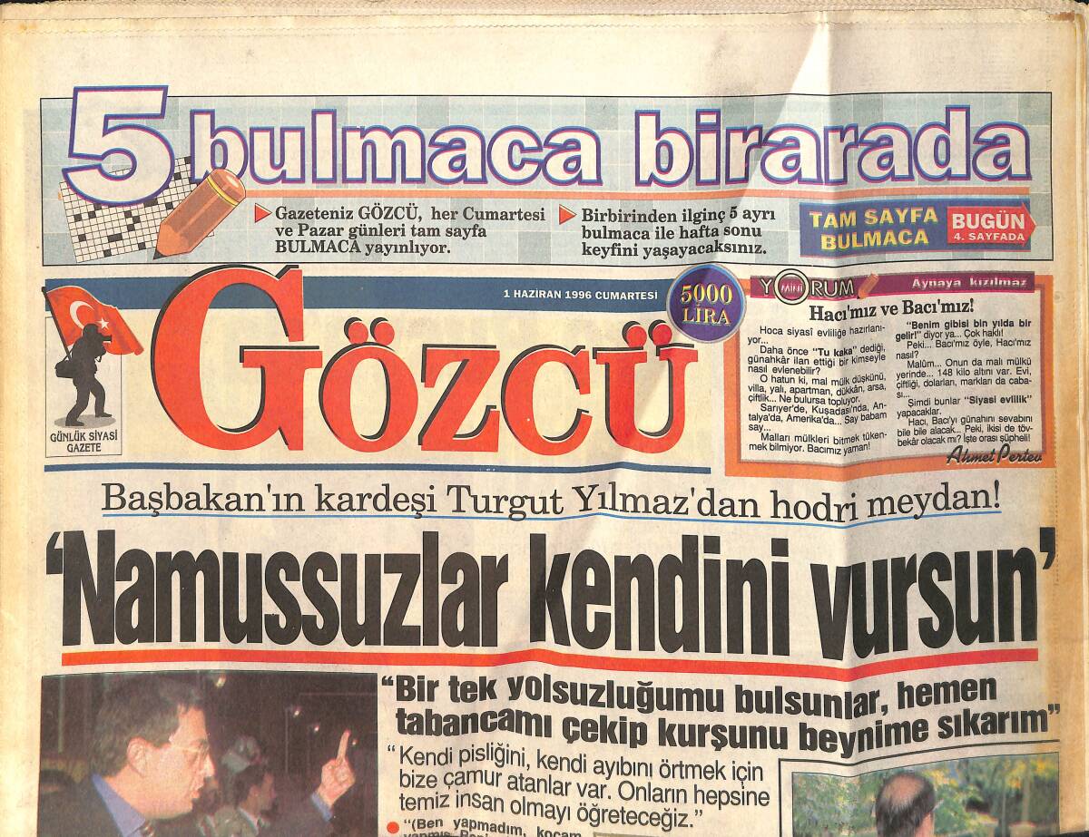 Gözcü Gazetesi 1 Haziran 1996 - Özer Çiller'i Kıskandıran Sahneler - Levent Kırca Şimdi Film Çevirmek İstiyor - Rusya'da Çıplak Tiyatro GZ2576 - 1