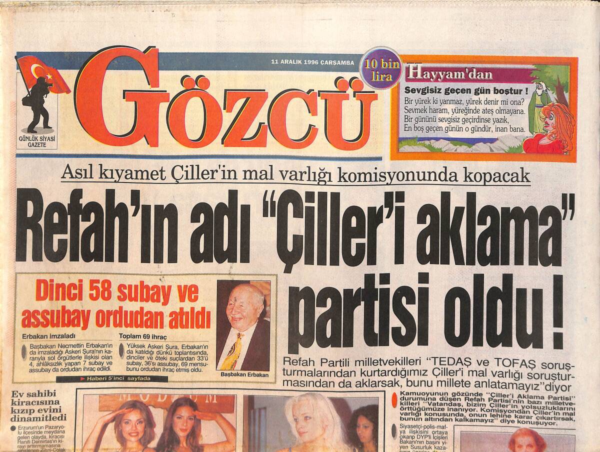 Gözcü Gazetesi 11 Aralık 1996 - Fatih Terim'den Rakiplerine Göz Dağı - Kemal Sunal'ın Gizli Hayatı GZ3149 - 1