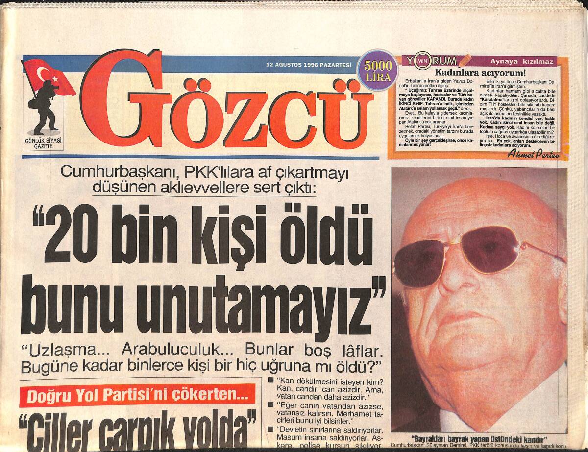 Gözcü Gazetesi 12 Ağustos 1996 - En Güzel Hülya Avşar - Müjde Ar: Çocuk Doğurmayacağım GZ2891 - 1