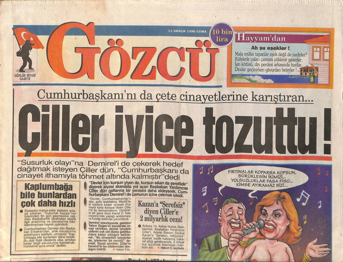 Gözcü Gazetesi 13 Aralık 1996 - Çiller İyice Tozuttu - Türkan Şoray'ın Evlilik Hazırlığı - Ebru Gündeş, Kerem'i Eve Kapattı - Kemal Sunal GZ3155 - 1
