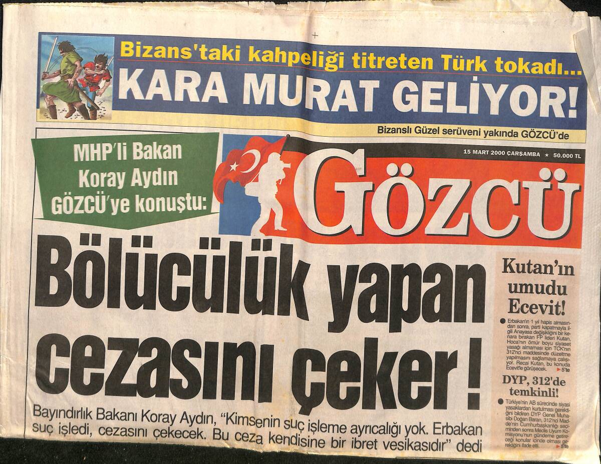 Gözcü Gazetesi 15 Mart 2000 - Emel Sayın Zorda - Sezen Aksu , Liseli Aşıklar Gibi GZ157354 - 1
