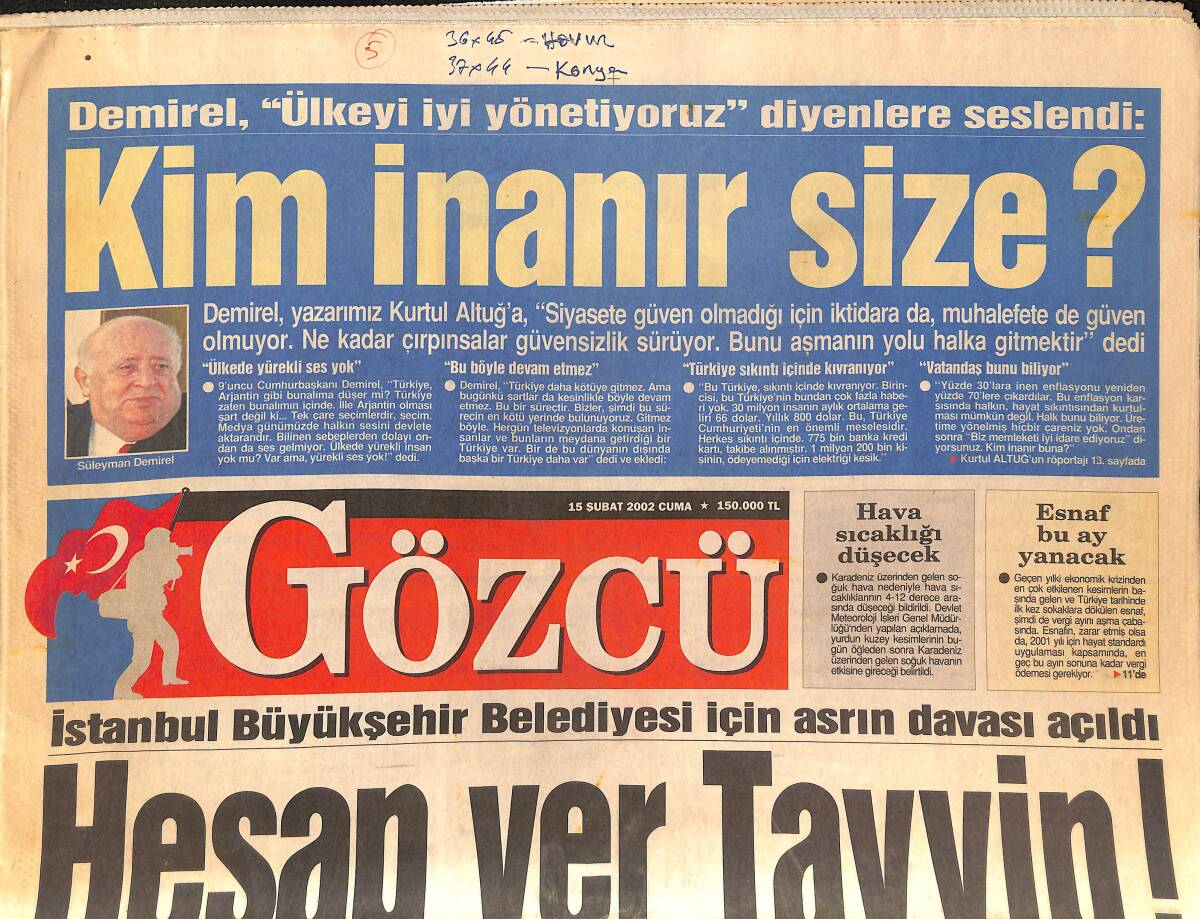 Gözcü Gazetesi 15 Şubat 2002 - İbrahim Tatlıses Yine Ağladı - Sezen Aksu'nun Morali Yerine Geldi - Dünya Hülya Avşar'ı Dinleyecek GZ134733 - 1