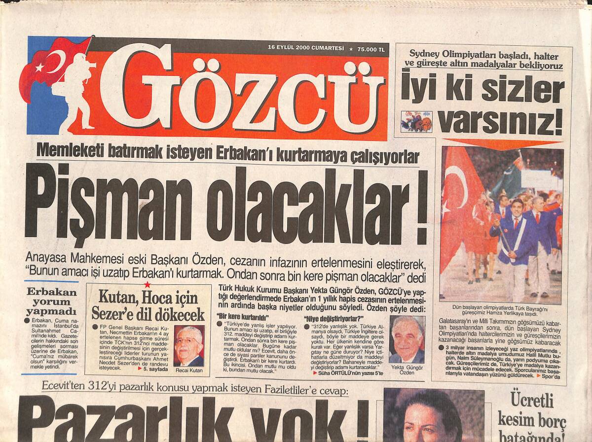 Gözcü Gazetesi 16 Eylül 2000 - Hülya Farkı - Memleketi Batırmak İsteyen Erbakan'ı Kurtarmaya Çalışıyorlar GZ3364 - 1