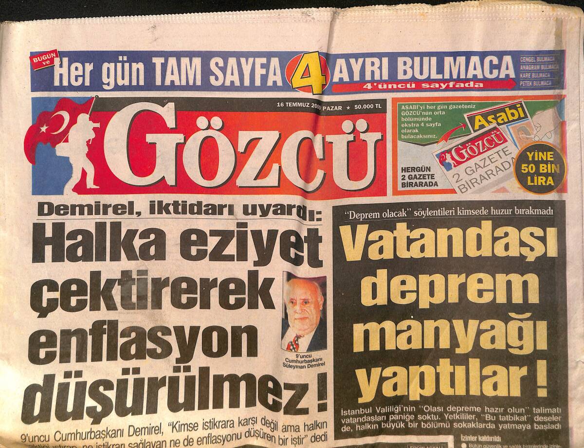 Gözcü Gazetesi 16 Temmuz 2000 - Sibel Can Boşanma Karşılığı Verdiği Yalı İçin Yıkım Kararı Çıktı - Serdar Ortaç 