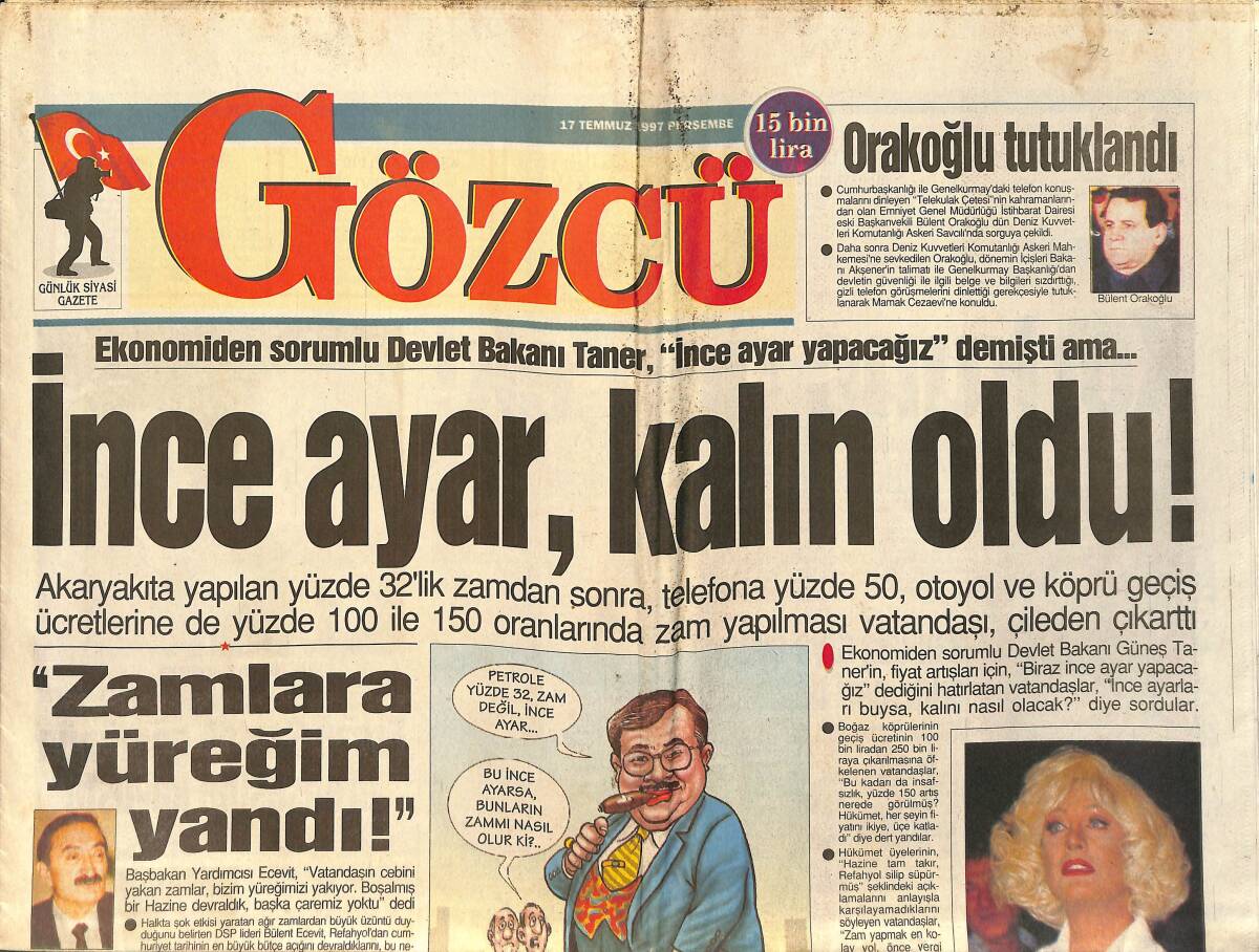 Gözcü Gazetesi 17 Temmuz 1997 - Emel Sayın: Kalbimde Kimse Yok - Yahya Demirel, Ünlü Sunucuyla Yakalandı GZ2064 - 1