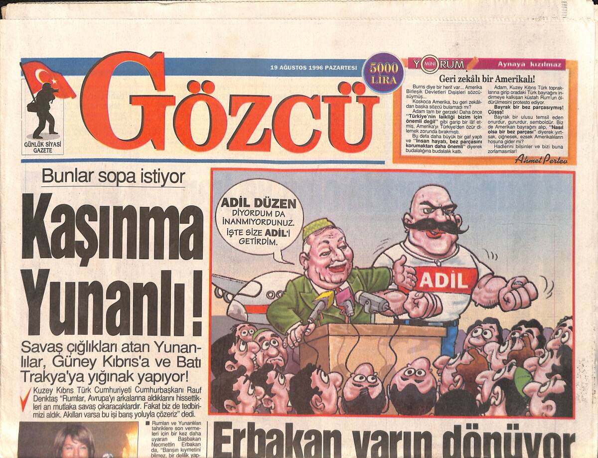 Gözcü Gazetesi 19 Ağustos 1996 - Ahu Tuğba'nın Gizli Hayatı: Rambo'ya Aşığım - Fenerbahçe Nakavt GZ2945 - 1