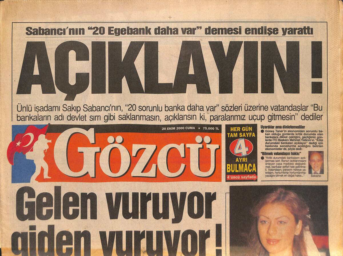 Gözcü Gazetesi 20 Ekim 2000 - Memura Sadaka Gibi Zam - Hande Yener'e BMW'li Klip - Ajda Pekkan, Sahte İmzalarla 40 Bin Doların Üzerine Yattı GZ134244 - 1