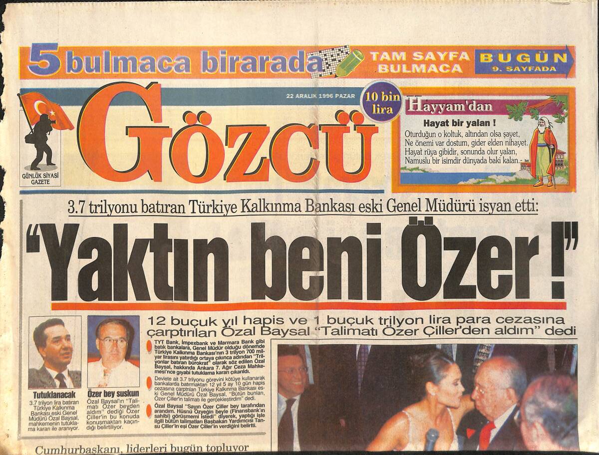 Gözcü Gazetesi 22 Aralık 1996 - Kadir Has, Hülya Avşar Uğruna 20 Milyar Lira Bağışladı - Tüm Alkışlar Cimbom'a GZ2556 - 1