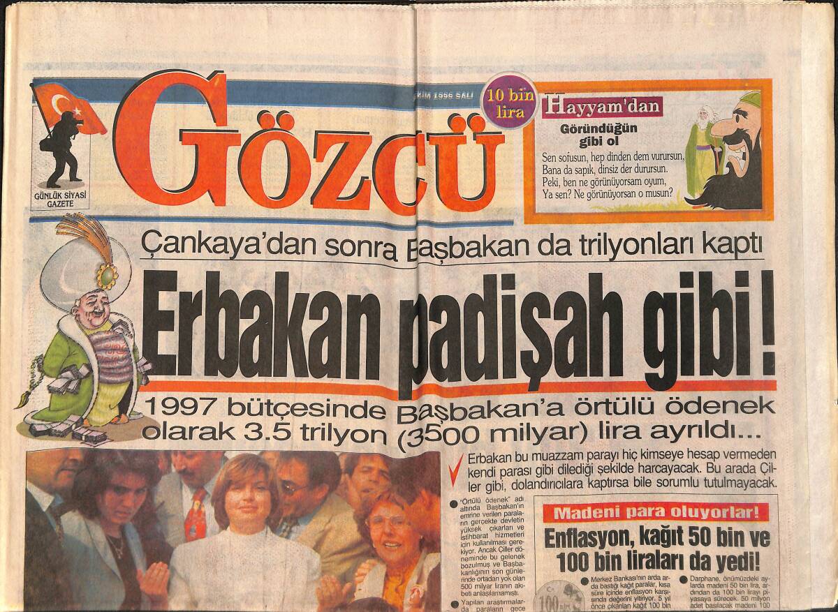 Gözcü Gazetesi 22 Ekim 1996 - Erbakan Padişah Gibi - Türkan Şoray 3 Ayda 10 Kilo Verdi - Ebru Gündeş Çocuk İstiyor GZ2414 - 1