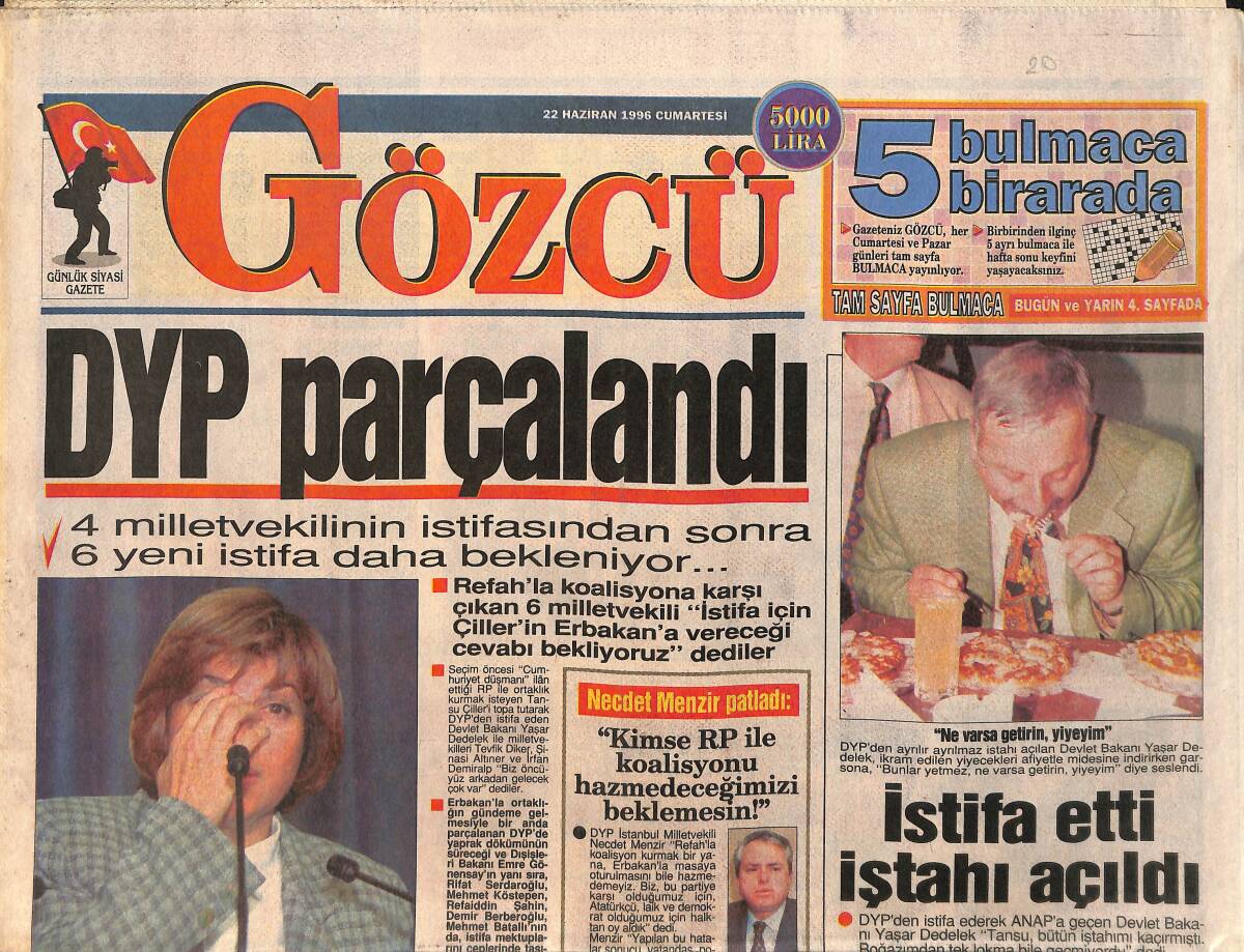 Gözcü Gazetesi 22 Haziran 1996 - Tarık Akan, Sevgilisi İle Diploma Dağıttı - Ajda Pekkan: Yıldızım Zeki Müren'le Yükseldi GZ2085 - 1