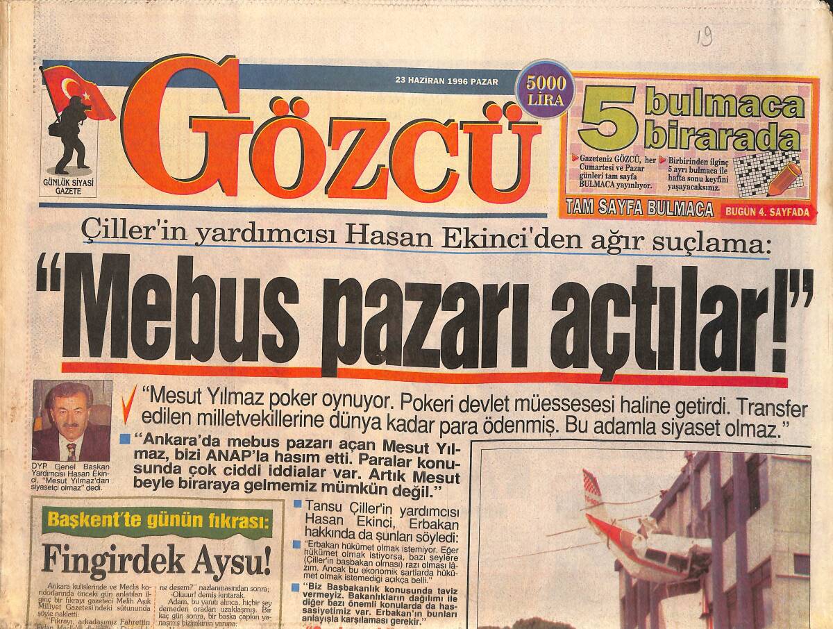 Gözcü Gazetesi 23 Haziran 1996 - Ajda Pekkan: Müzik Evliliğimi Kopardı - Barış Manço'nun En Büyük Mutluluğu GZ2086 - 1