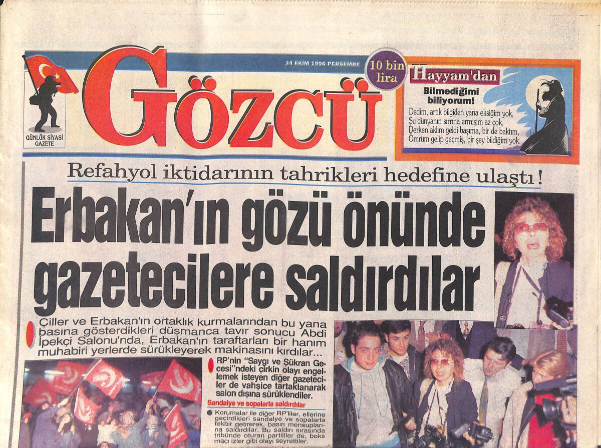 Gözcü Gazetesi 24 Ekim 1996 - Erbakan'ın Gözü Önünde Gazetecilere Saldırdılar - Ebru, İbo'yu Fena Kızdırdı GZ3135 - 1