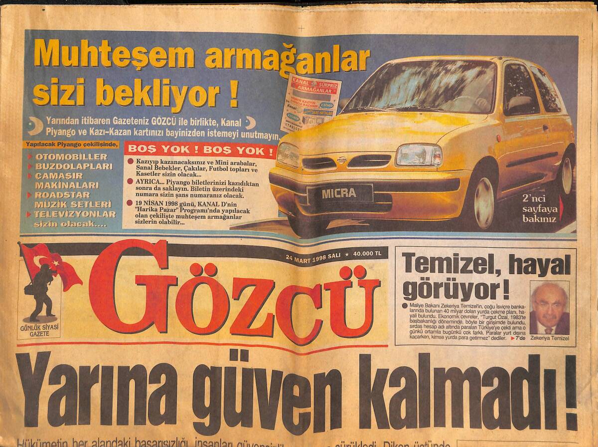 Gözcü Gazetesi 24 Mart 1998 - Nurseli İdiz , Sabah Akşam İçmeye Başladı - Emel Sayın , Otelini Ucuza Boyatmak İçin Sahnede Pazarlık Yaptı GZ133149 - 1