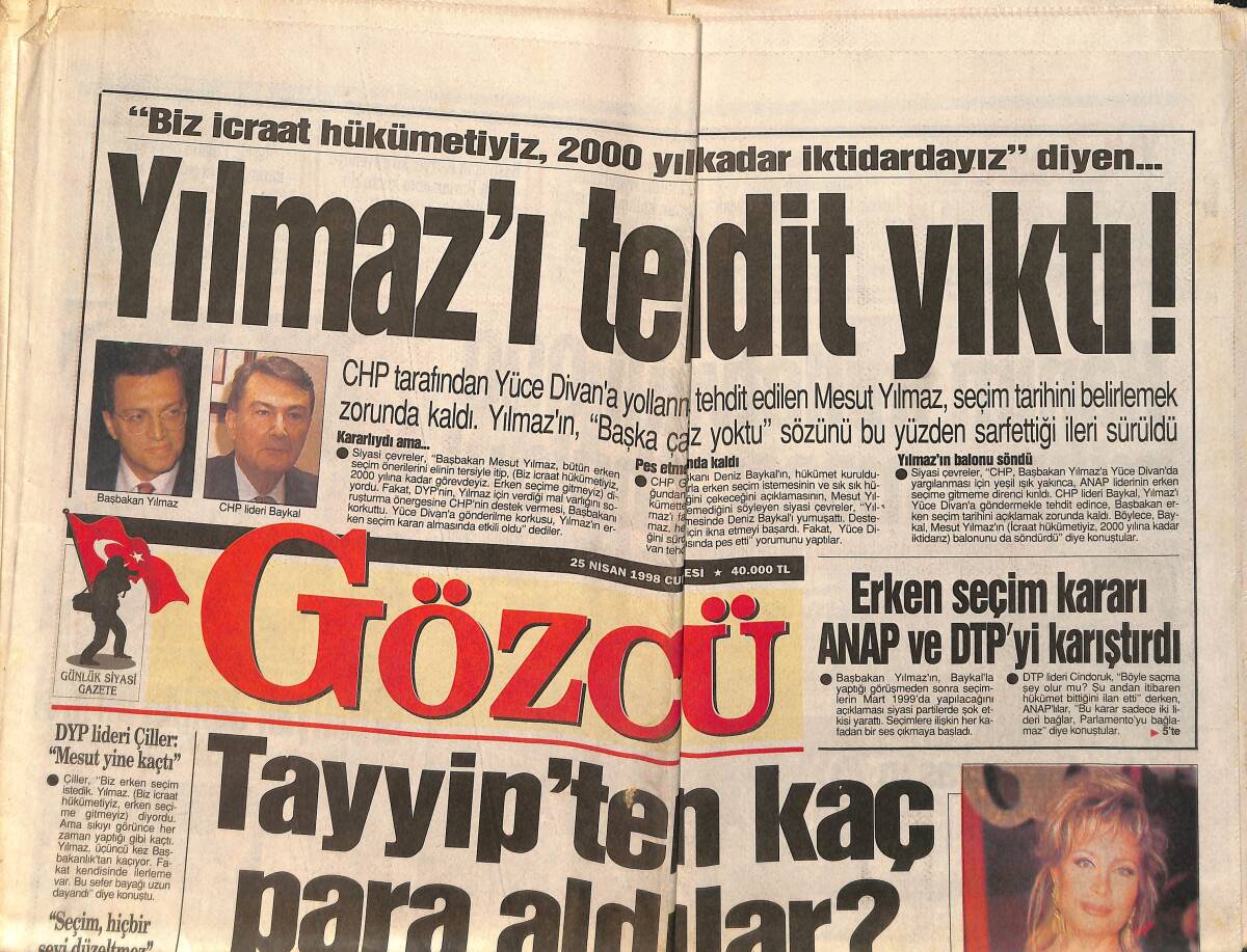 Gözcü Gazetesi 25 Nisan 1998 - Emel Sayın 13 Yıl Sonra Maksim Sahnesinde - Bülent Ersoy: Mutluluğumuzu Kimse Bozamayacak GZ3304 - 1