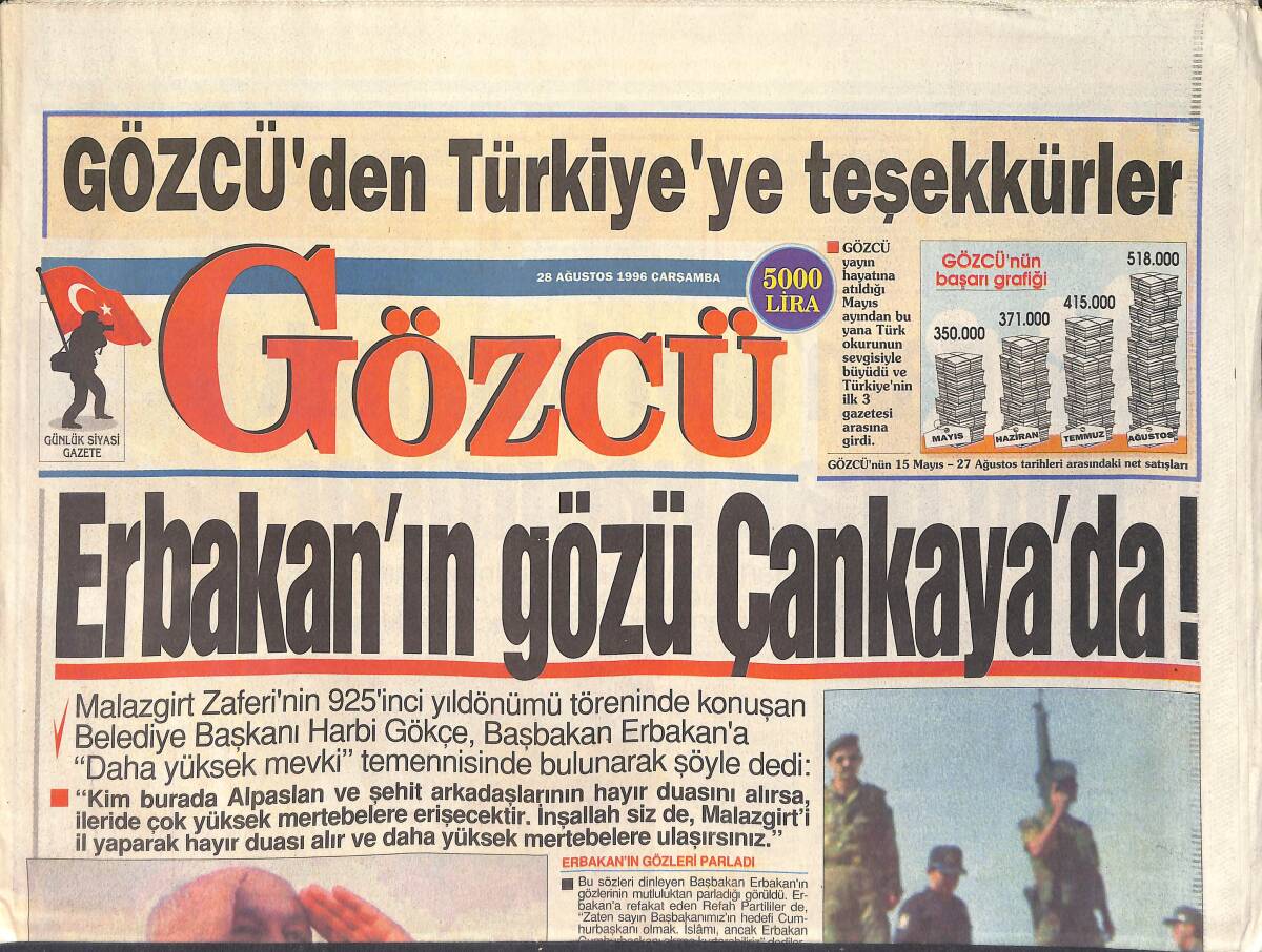 Gözcü Gazetesi 28 Ağustos 1996 - Ali Şen'in Gizli Dünyası - Türkan Şoray 3 Hafta Yürüyemeyecek - Şenol Güneş Huzur İstiyor GZ2982 - 1