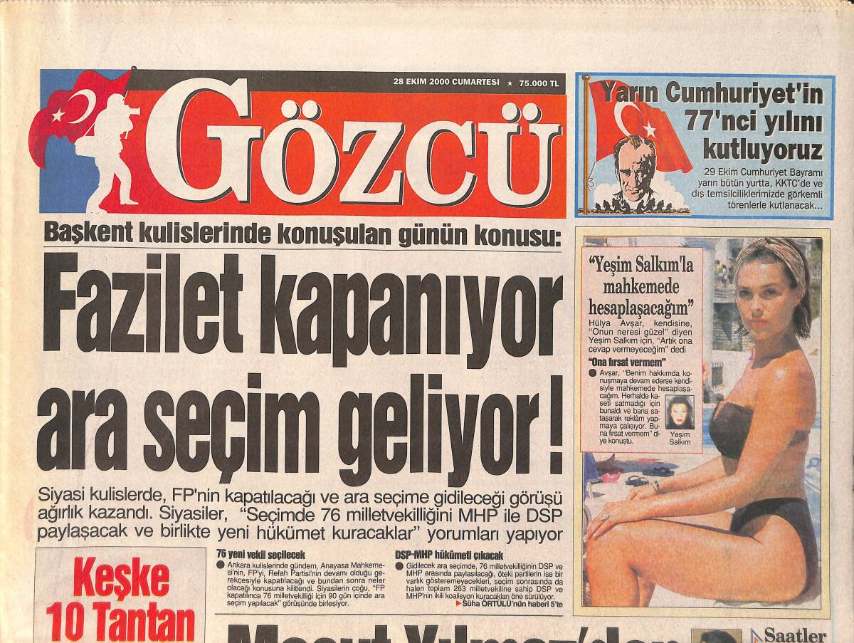 Gözcü Gazetesi 28 Ekim 2000 - Hülya Avşar: Yeşim Salkım'la Mahkemede Hesaplaşacağım - Banu Alkan'ın Kasetini Bedava Dağıtacağım GZ3184 - 1