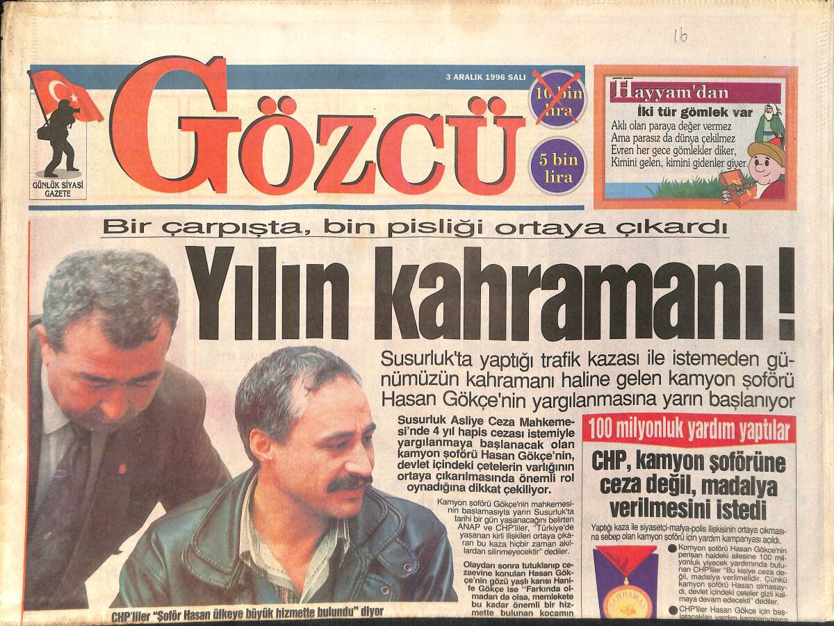 Gözcü Gazetesi 3 Aralık 1996 - Semra Özal, Füsun Önal İle Şakalaştı - Kemal Sunal'ın Gizli Hayatı GZ2452 - 1