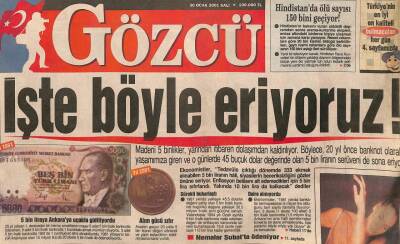 Gözcü Gazetesi 30 Ocak 2001 - Türkiye, Yolsuzluklar Bakımından 35 Ülke Arasında 4üncü Sırada Yer Aldı - Bomba Yüklü Araba Alarmı GZ95324 - 1