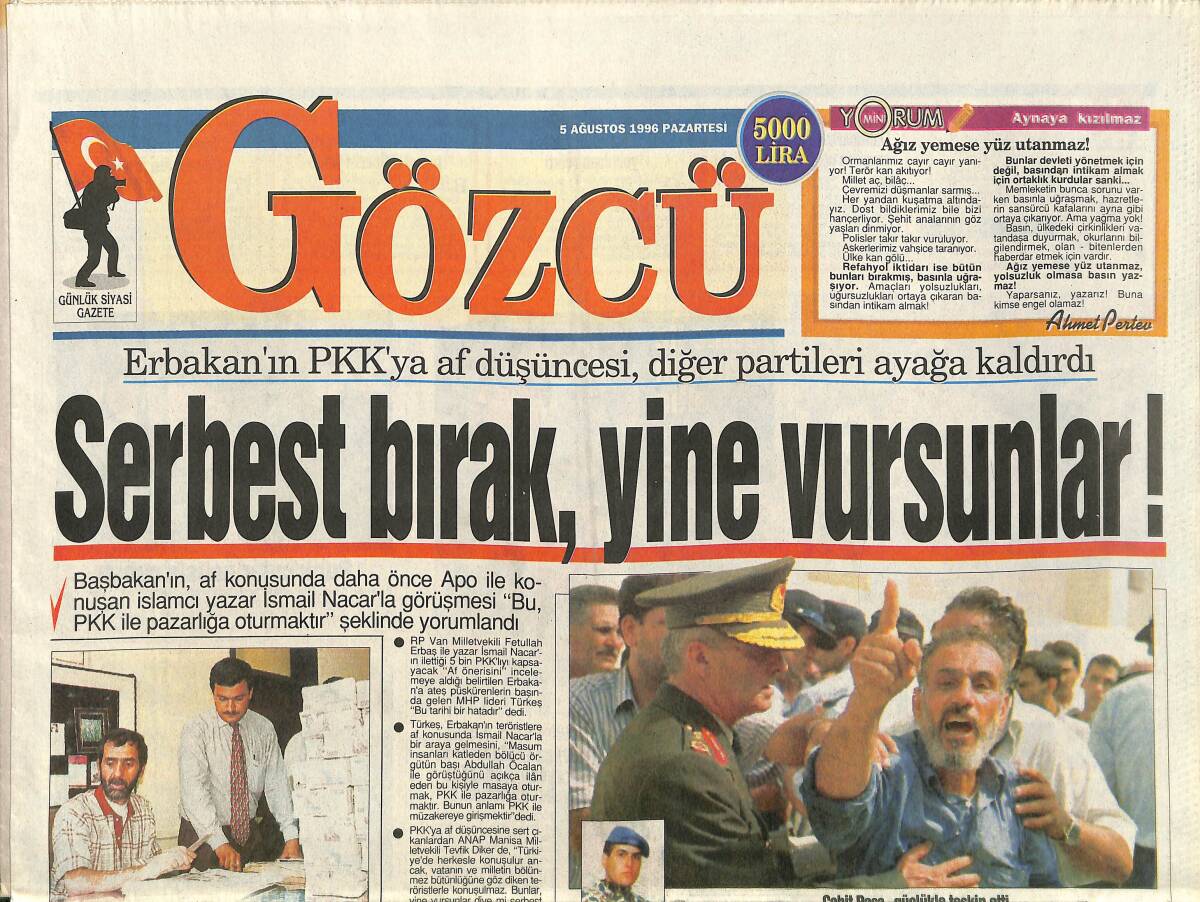 Gözcü Gazetesi 5 Ağustos 1996 - Türkan Şoray'a Ahlaksız Teklif - Seren Serengil'İn Gizli Dünyası GZ3830 - 1