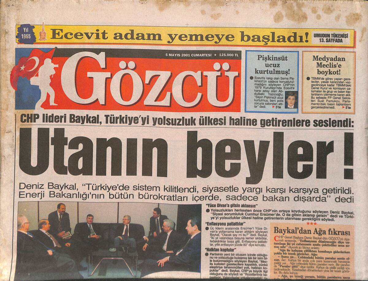 Gözcü Gazetesi 5 Mayıs 2001 - Trabzon Jet Gibi - CHP Lideri Baykal, Türkiye'yi Yolsuzluk Ülkesi Haline Getirenlere Seslendi: Utanın GZ3221 - 1
