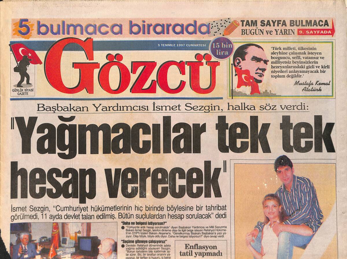 Gözcü Gazetesi 5 Temmuz 1997 - Sibel Can'a Dost Kazığı - Fahrettin Arslan'ın Keşfettiği Seda Sayan GZ3169 - 1