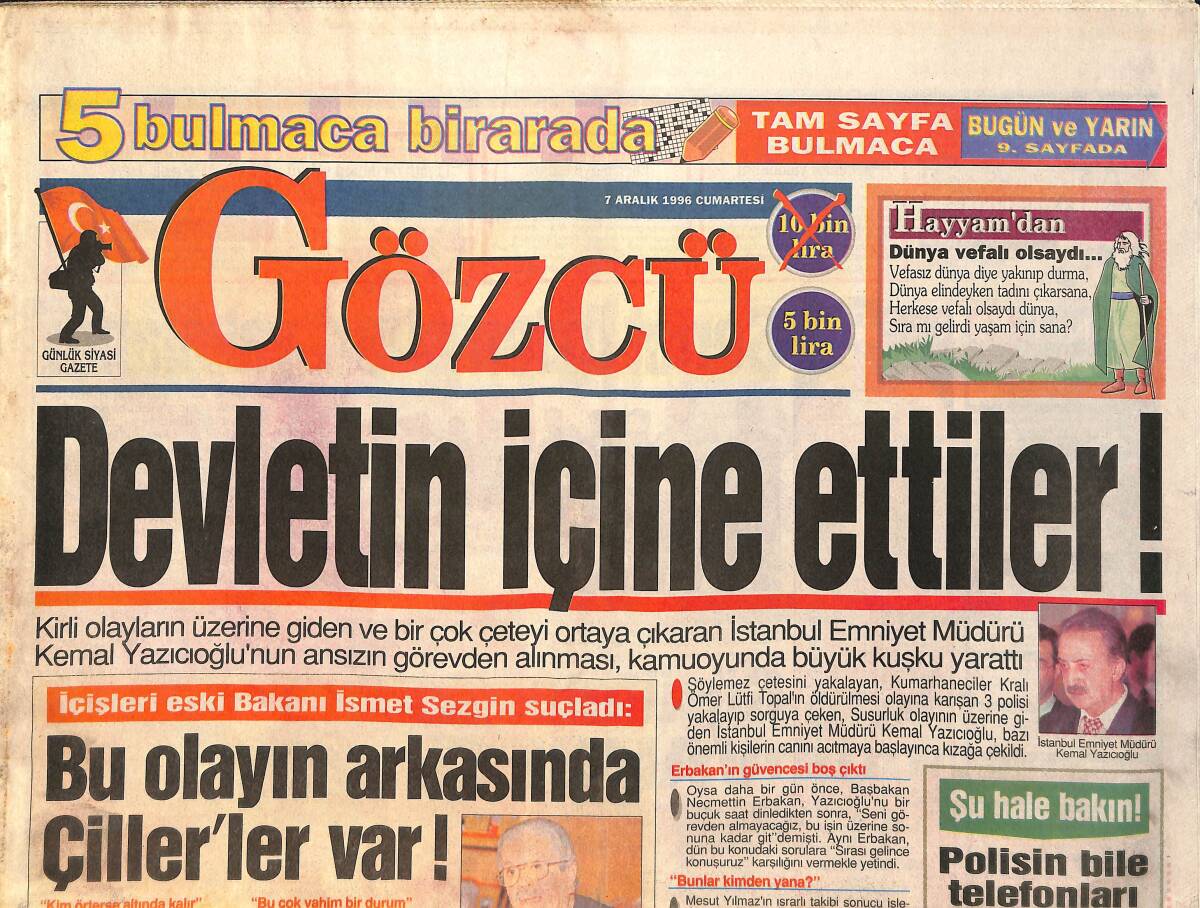 Gözcü Gazetesi 7 Aralık 1996 - Harika Avcı'nın En Kapalı Kıyafeti - Kemal Sunal'ın Gizli Dünyası GZ2544 - 1