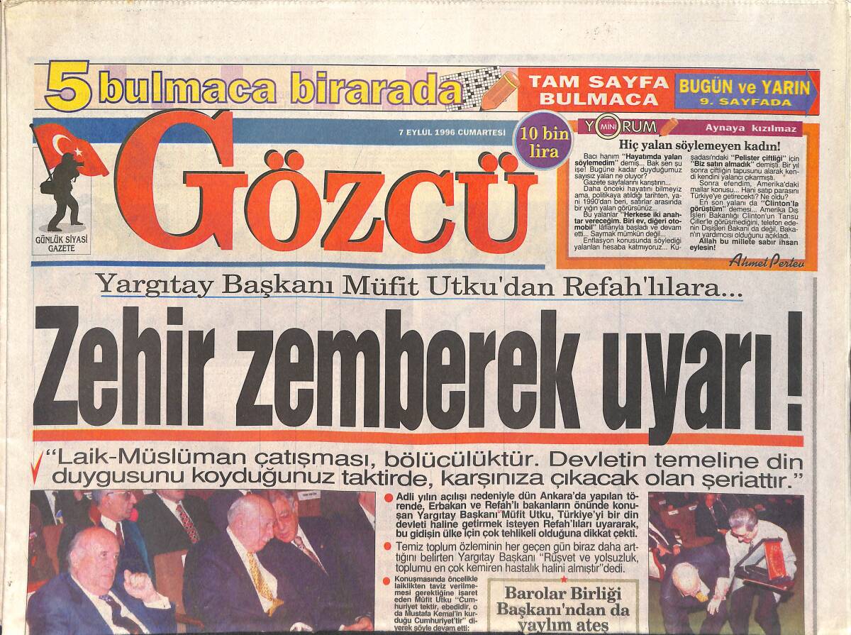 Gözcü Gazetesi 7 Eylül 1996 - Orhan Gencebay'ın Gizli Dünyası - Seda Sayan: Üçüncü Kocam Memur Olsun GZ3363 - 1