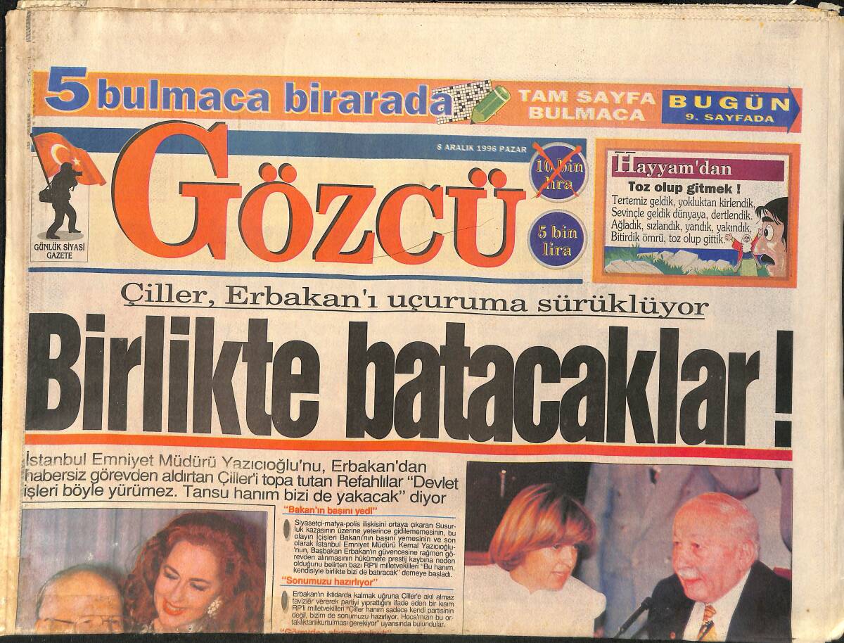 Gözcü Gazetesi 8 Aralık 1996 - Çiller, Erbakan'ı Uçuruma Sürüklüyor - Cimbom'da Hagi Endişesi GZ2549 - 1