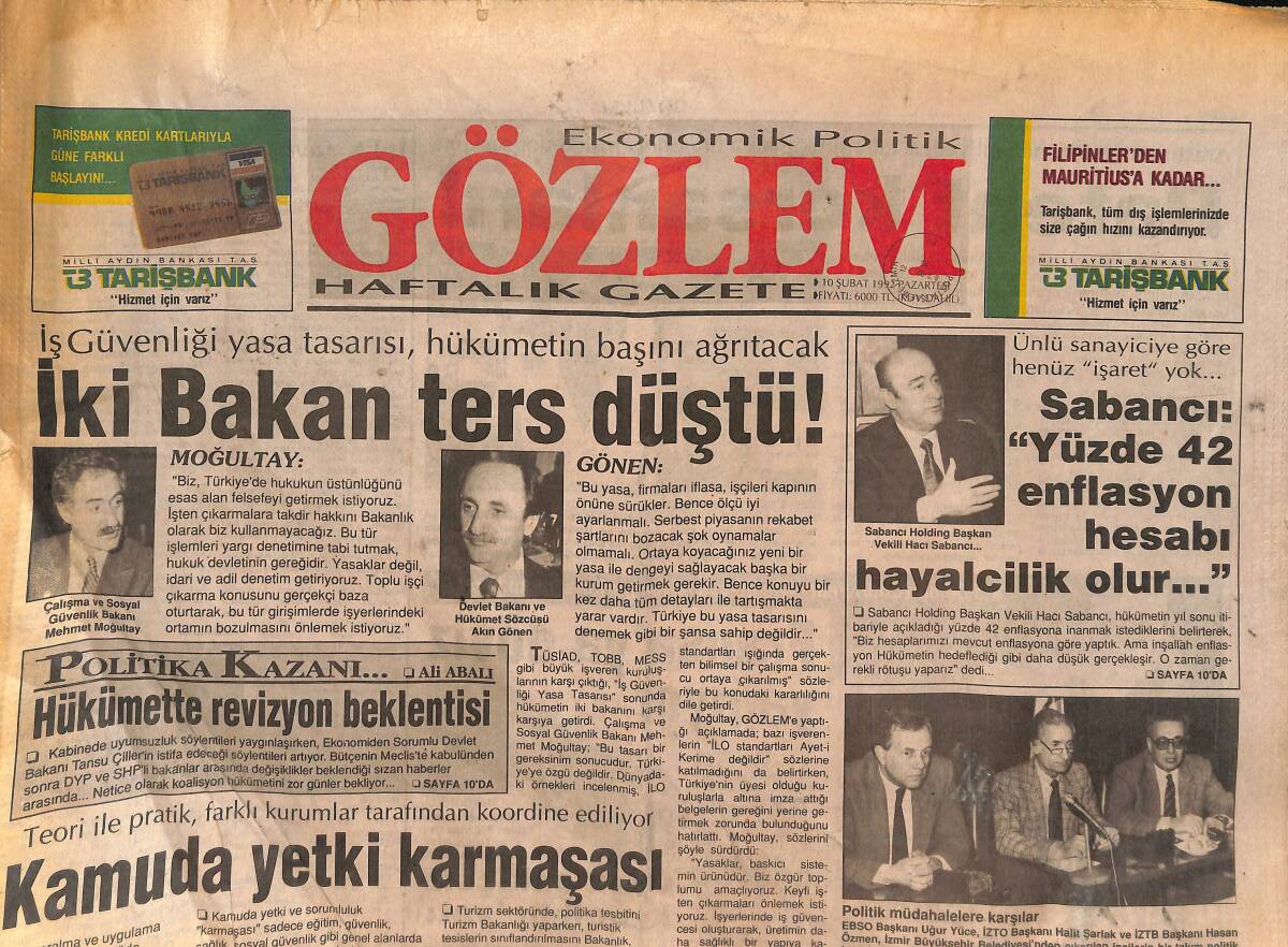 Gözlem Gazetesi 10 Şubat 1992 - Hacı Sabancı '' Yüzde 42 Enflasyon Hesabı Hayalcilik Olur... '' GZ133174 - 1