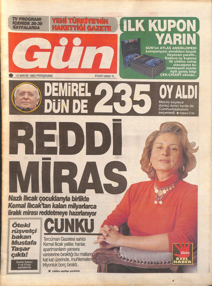 Gün Gazetesi 13 Mayıs 1993 - Berna Yılmaz'ın Jesti - Son Süperstar Muazzez Ersoy Anlatıyor GZ153774 - 1