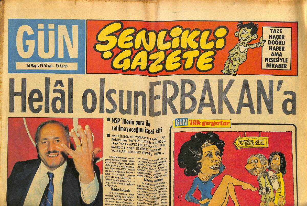 Gün Gazetesi 14 Mayıs 1974 - Fenerbahçe Şampiyon - Yılmaz Güney İçin Avrupa'da Da Af Kampanyası Var - Palamut Fatma GZ148251 - 1